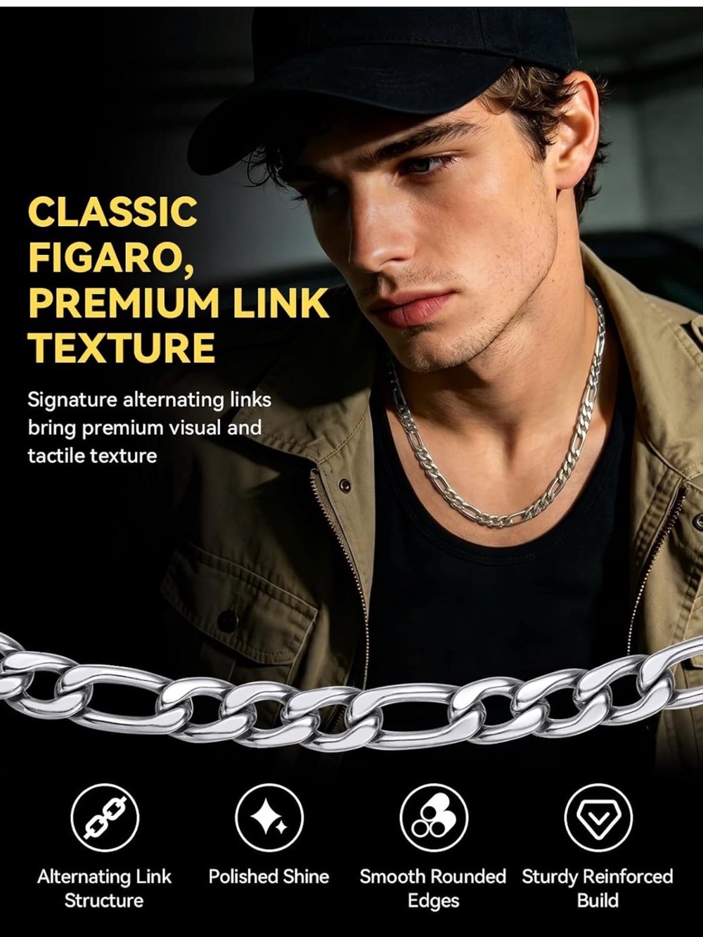 Polished Silver Figaro Chain Necklace with Lobster Clasp